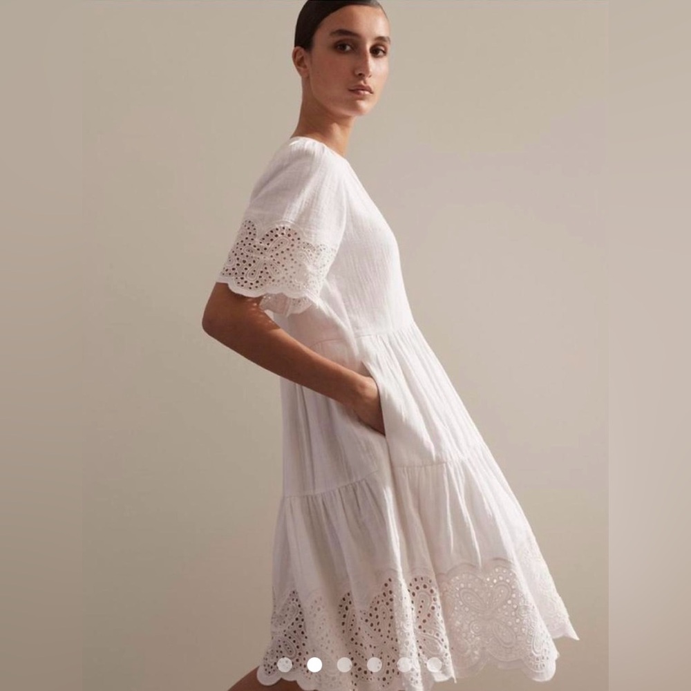 ME+EM Swing Dress Ruffle Eyelet White Cottagecore Cotton UK 6 US 2 Baggy